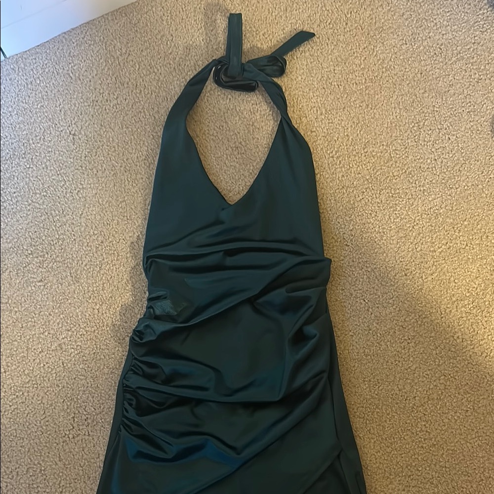 Windsor Dark Green Halter Mini Dress- Silky